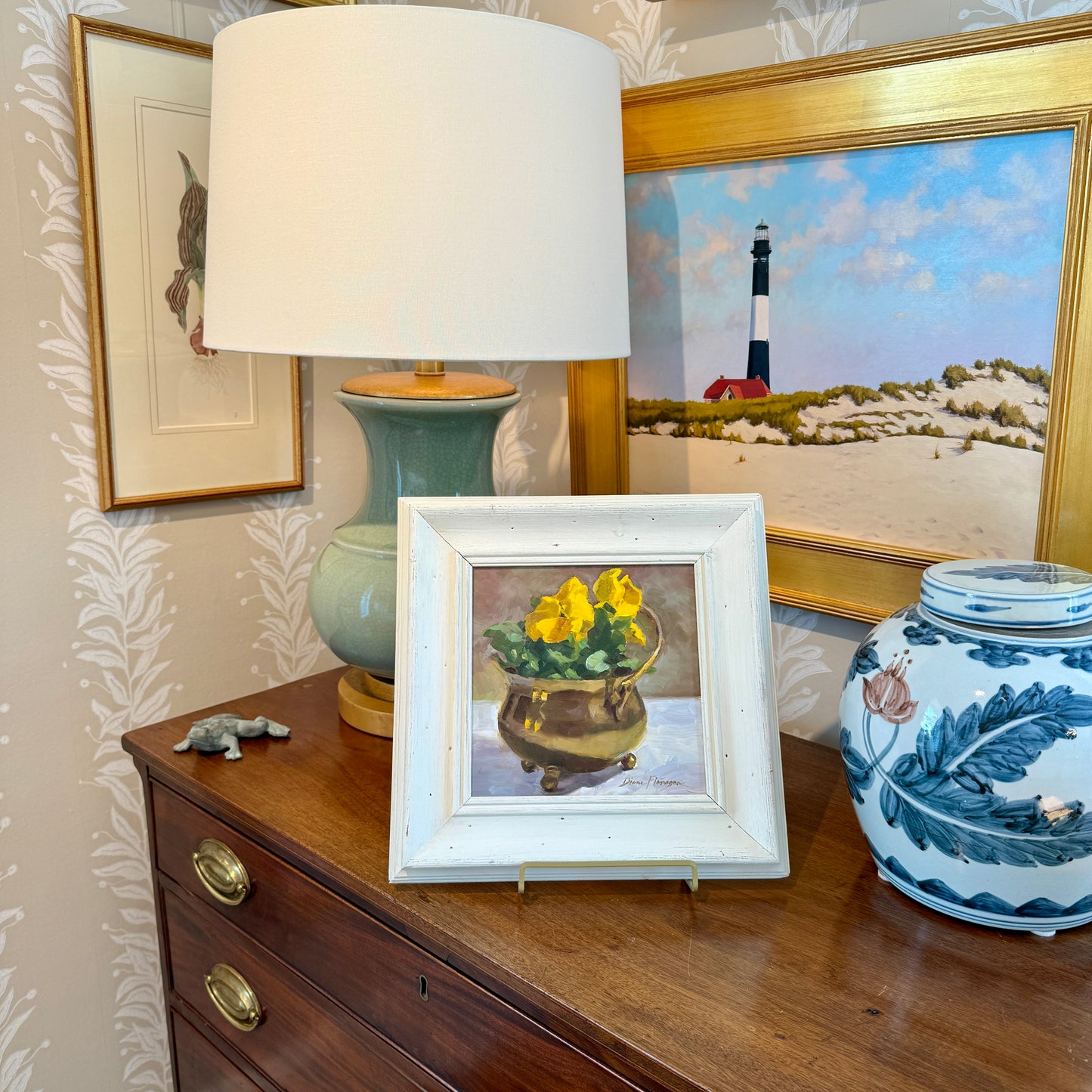 Diane Flanagan Yellow Pansies in Brass Pot Still Life Oil Painting in White Painted Frame