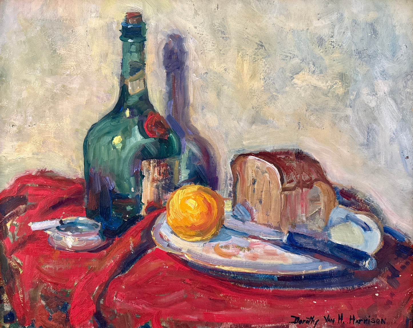 Dorothy Van Houten Harrison Stil Life Cigarette and Gin Oil Painting in Gold Frame