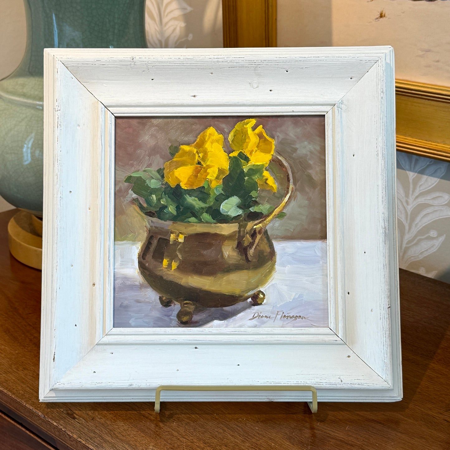 Diane Flanagan Yellow Pansies in Brass Pot Still Life Oil Painting in White Painted Frame