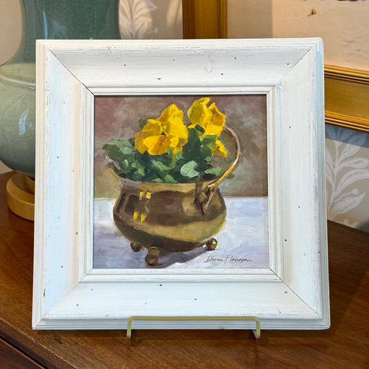 Diane Flanagan Yellow Pansies in Brass Pot Still Life Oil Painting in White Painted Frame
