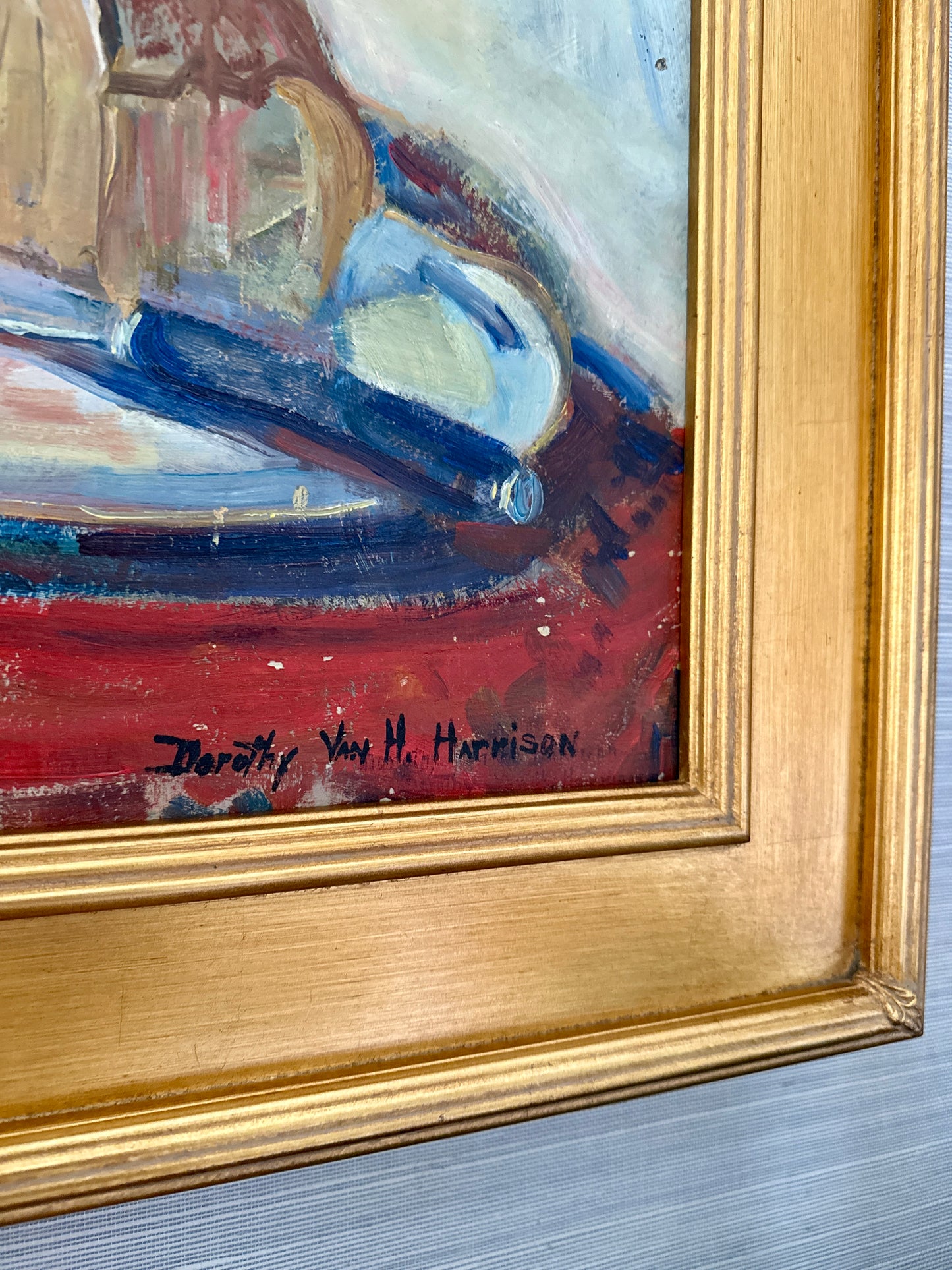 Dorothy Van Houten Harrison Stil Life Cigarette and Gin Oil Painting in Gold Frame