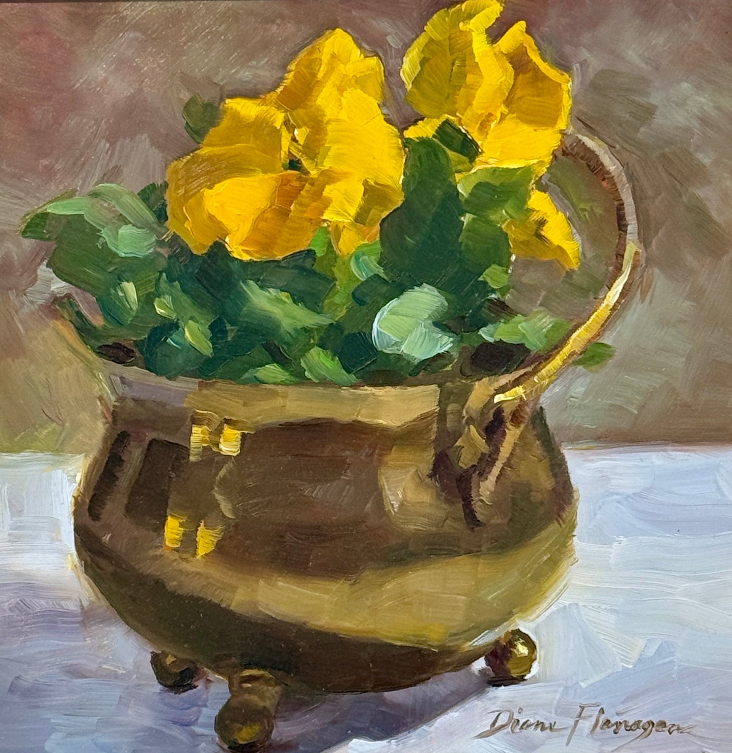 Diane Flanagan Yellow Pansies in Brass Pot Still Life Oil Painting in White Painted Frame