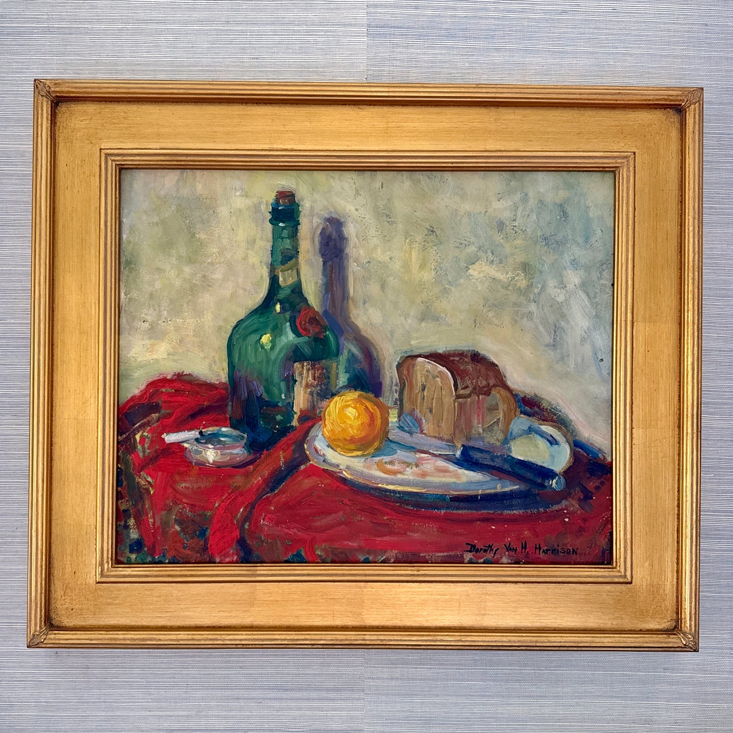 Dorothy Van Houten Harrison Stil Life Cigarette and Gin Oil Painting in Gold Frame