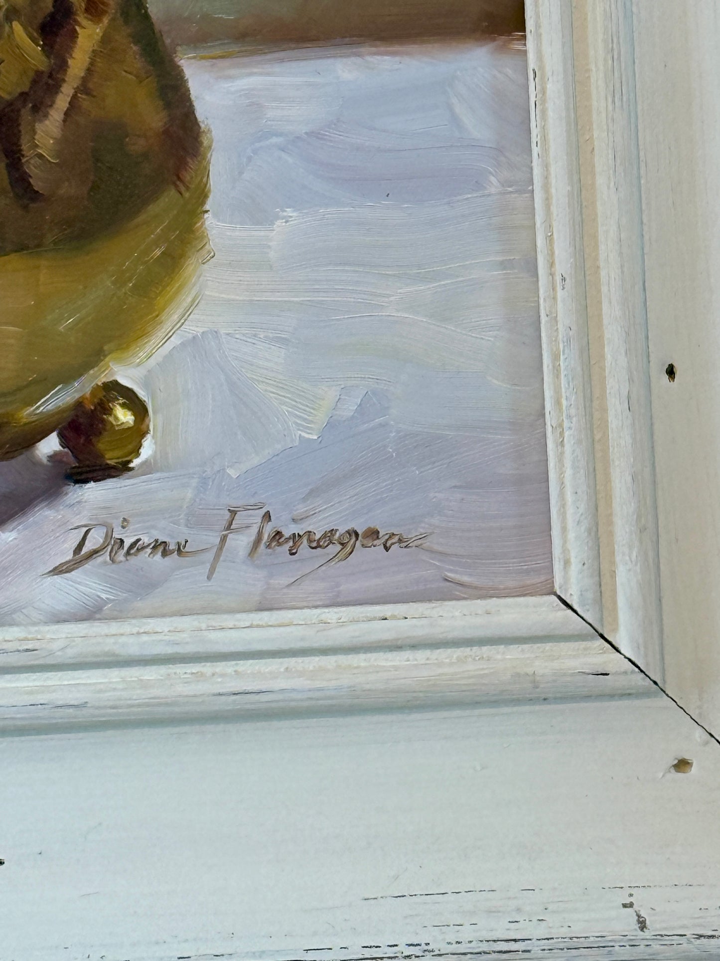 Diane Flanagan Yellow Pansies in Brass Pot Still Life Oil Painting in White Painted Frame