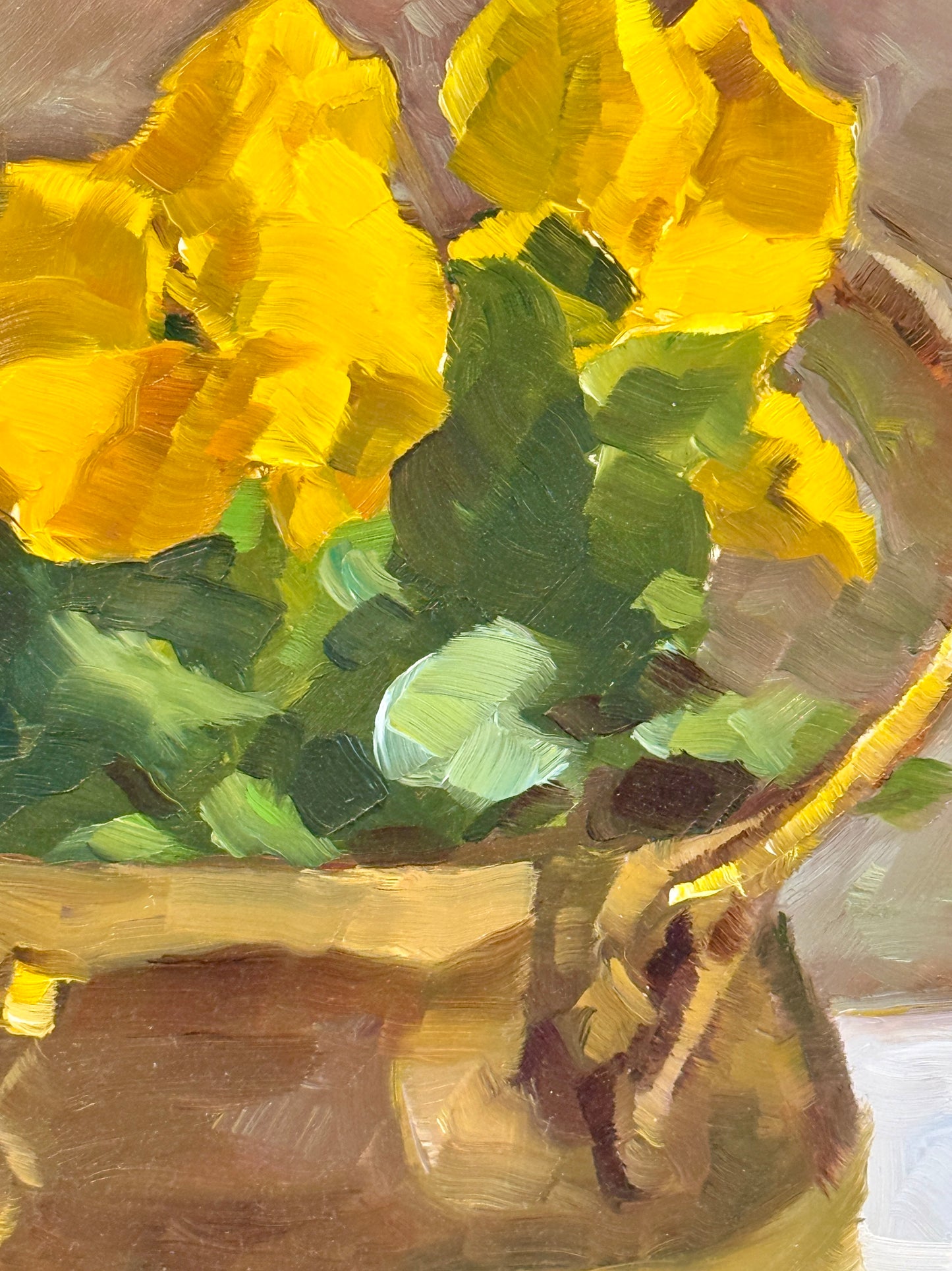 Diane Flanagan Yellow Pansies in Brass Pot Still Life Oil Painting in White Painted Frame