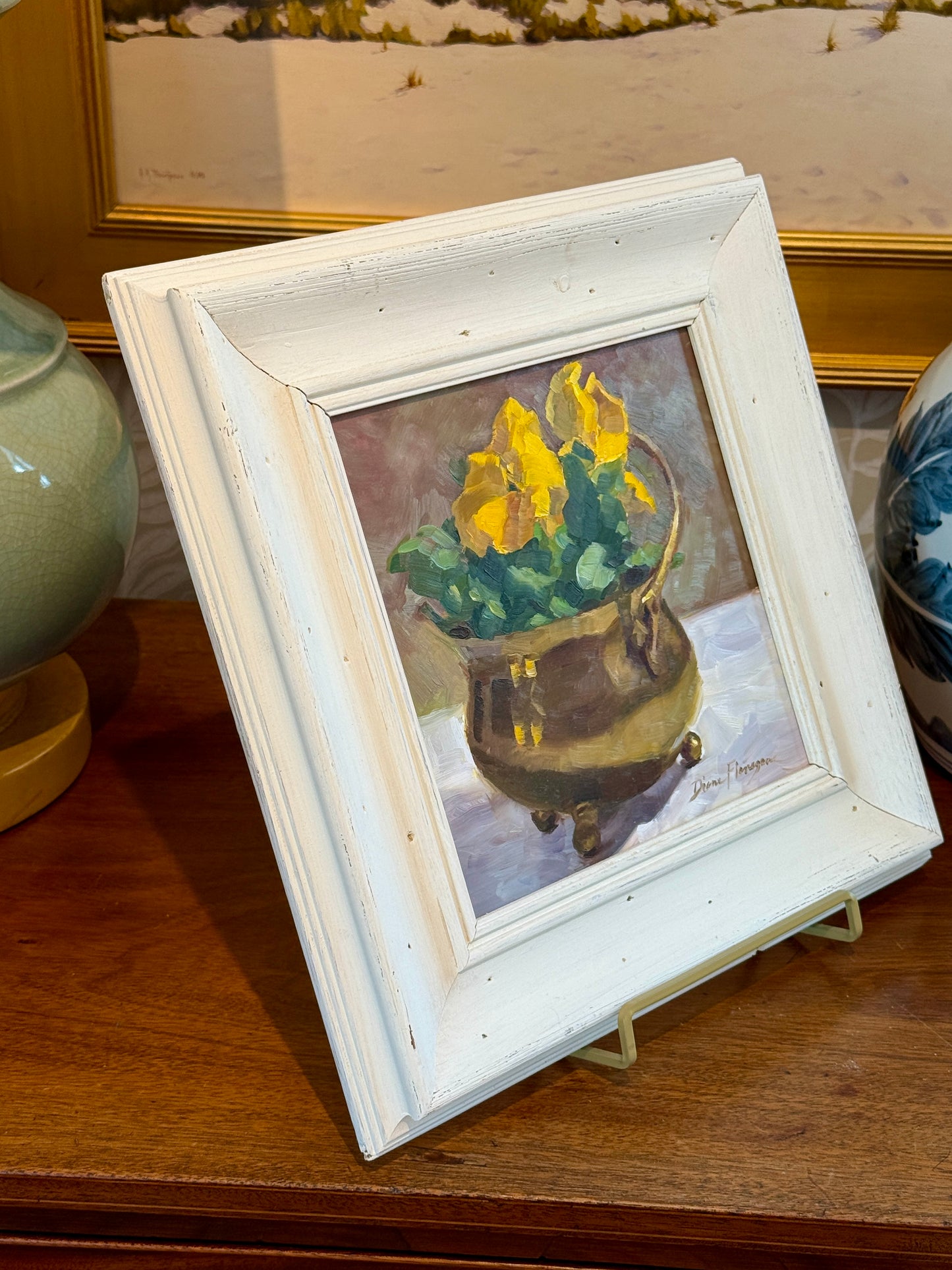 Diane Flanagan Yellow Pansies in Brass Pot Still Life Oil Painting in White Painted Frame