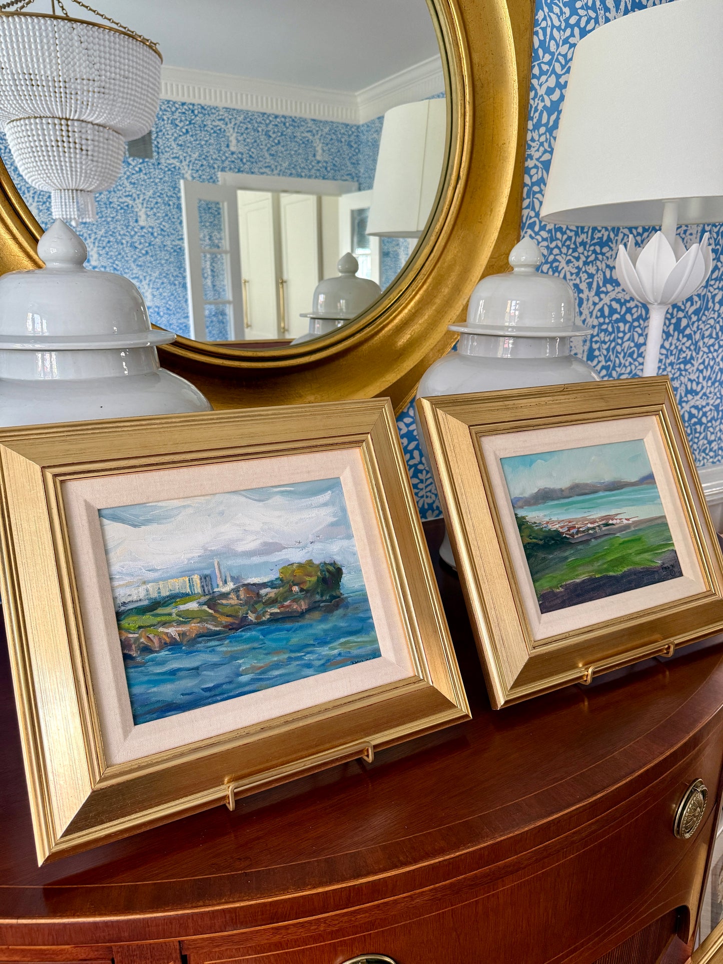 Marilyn Buckley Holland Alcatraz California Seacape Oil Painting in Gold Frame