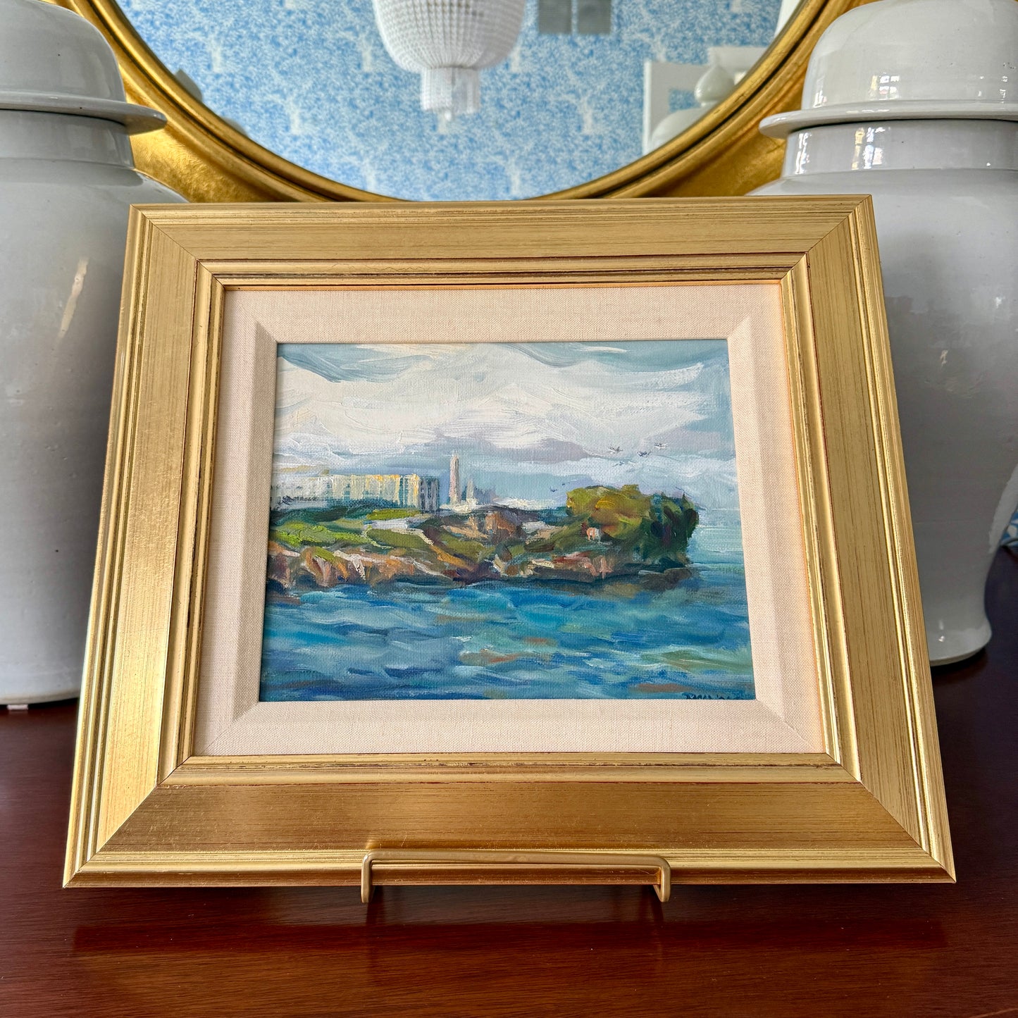 Marilyn Buckley Holland Alcatraz California Seacape Oil Painting in Gold Frame