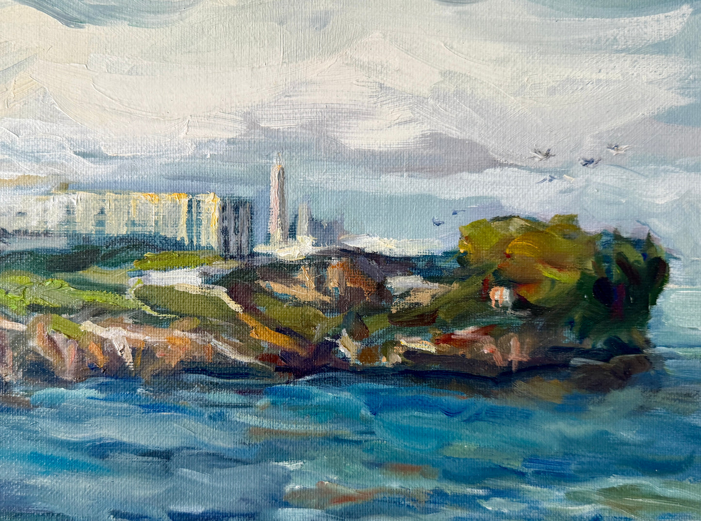 Marilyn Buckley Holland Alcatraz California Seacape Oil Painting in Gold Frame