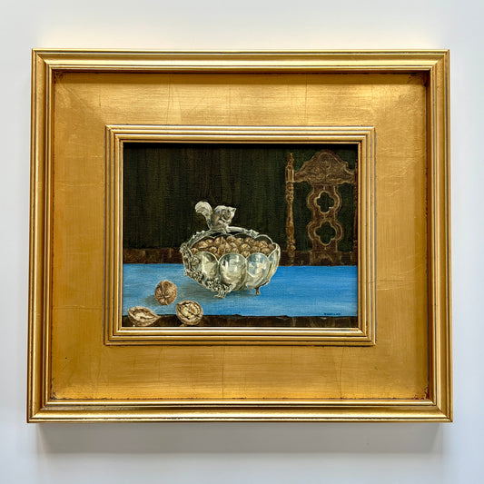 Vintage Silver Squirrel and Walnuts Still Life Oil Painting in Gold Frame