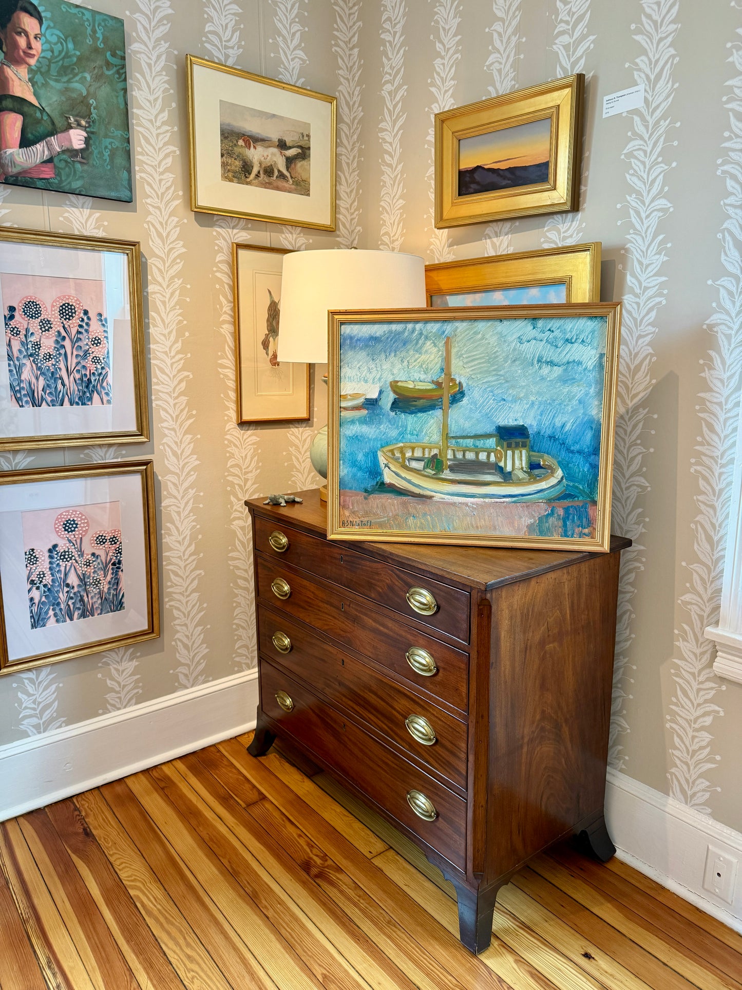 Anna-Stina Nilstoft Expressionist Seacape with Boats Oil Painting in Gold Frame