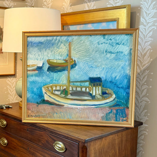 Anna-Stina Nilstoft Expressionist Seacape with Boats Oil Painting in Gold Frame