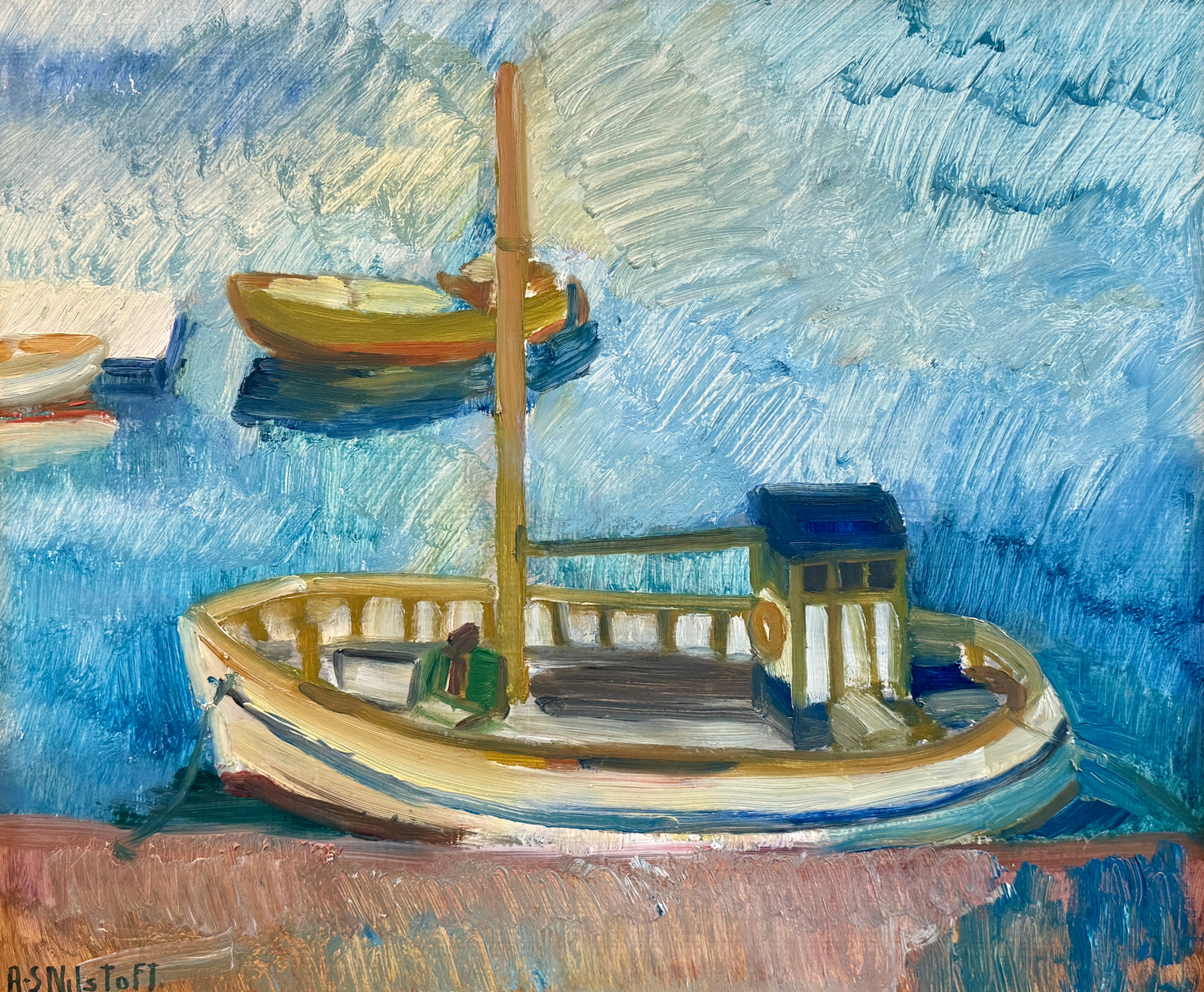 Anna-Stina Nilstoft Expressionist Seacape with Boats Oil Painting in Gold Frame