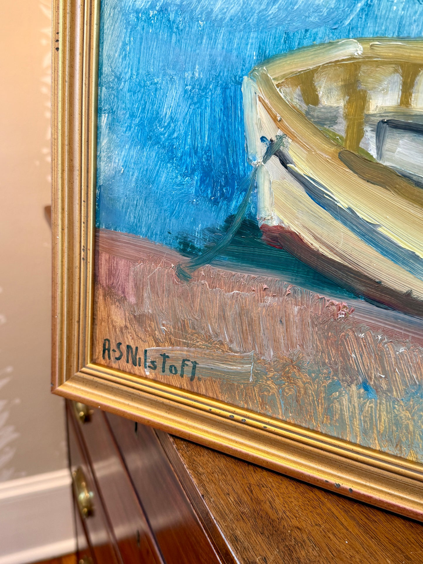 Anna-Stina Nilstoft Expressionist Seacape with Boats Oil Painting in Gold Frame