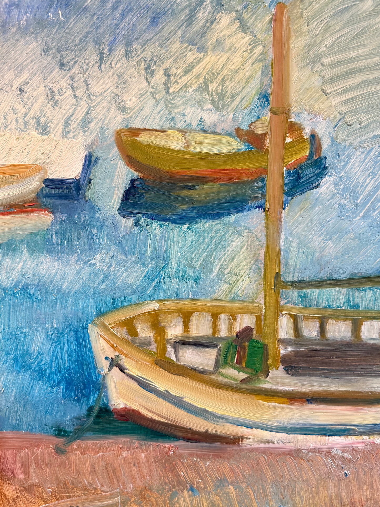 Anna-Stina Nilstoft Expressionist Seacape with Boats Oil Painting in Gold Frame