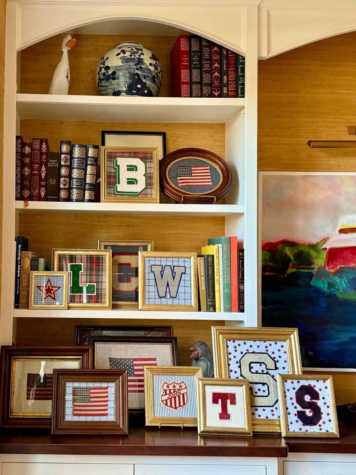 Vintage Varsity Letter Initial C on Navy Blue Plaid in Gold Frame