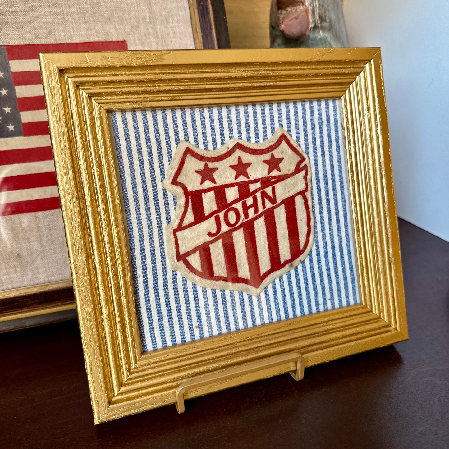 Varsity Varsity Jacket John Patch on Blue White Ticking Stripe in Gold Frame