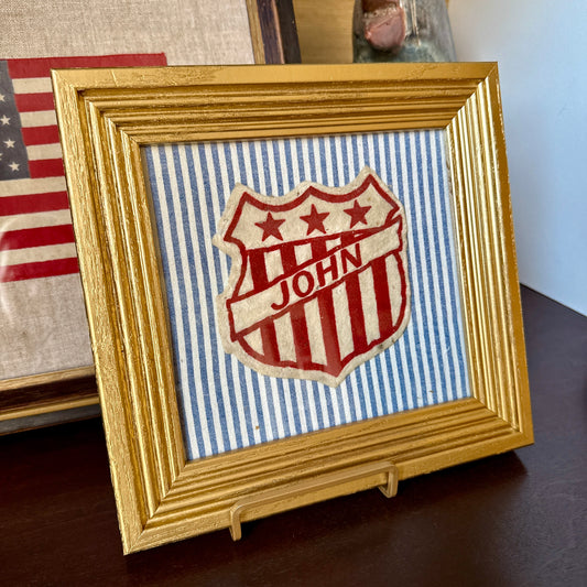 Varsity Varsity Jacket John Patch on Blue White Ticking Stripe in Gold Frame