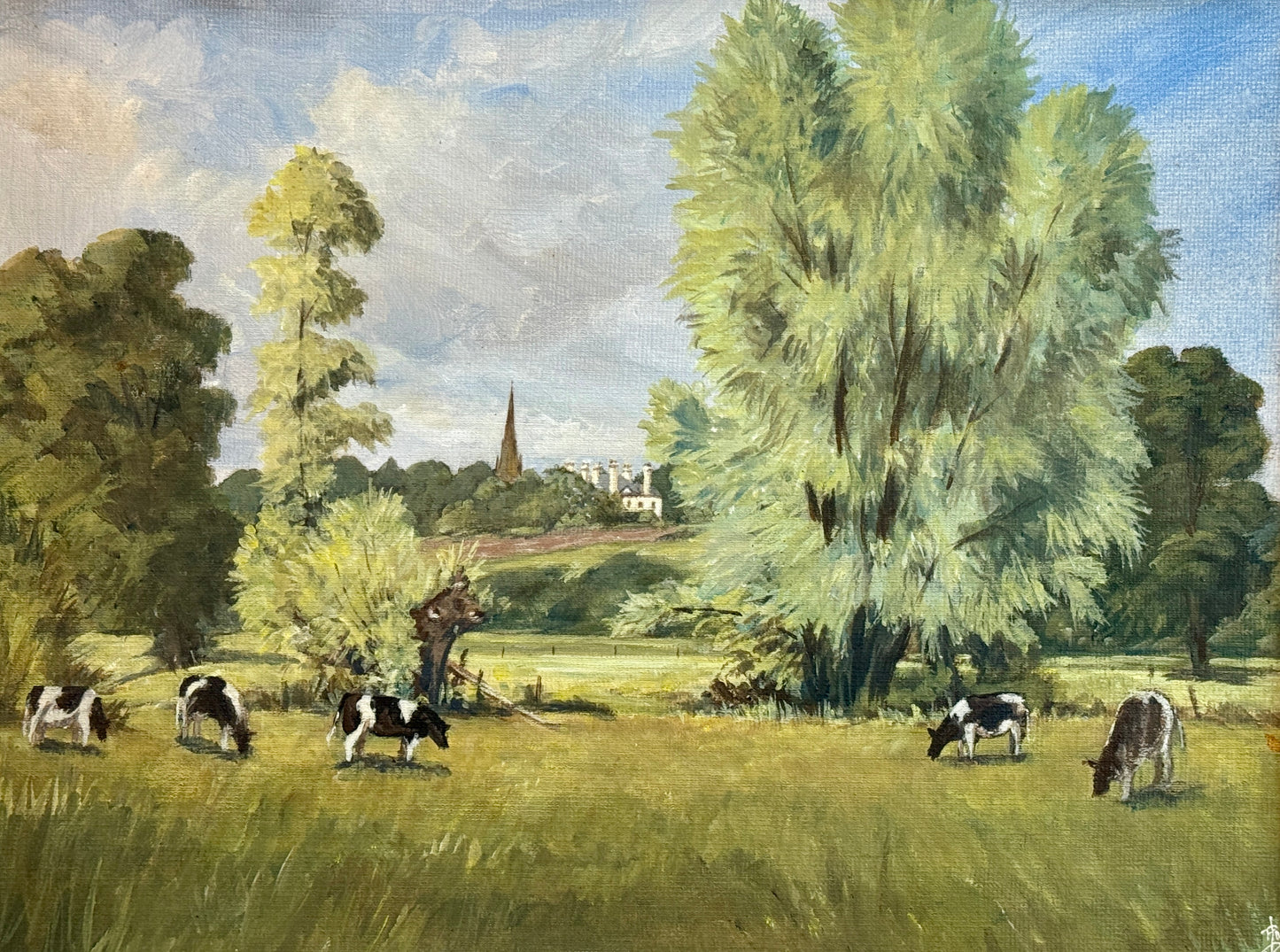 Ronald Pardue Country Landscape with Cows Oil Painting  in Gold Frame