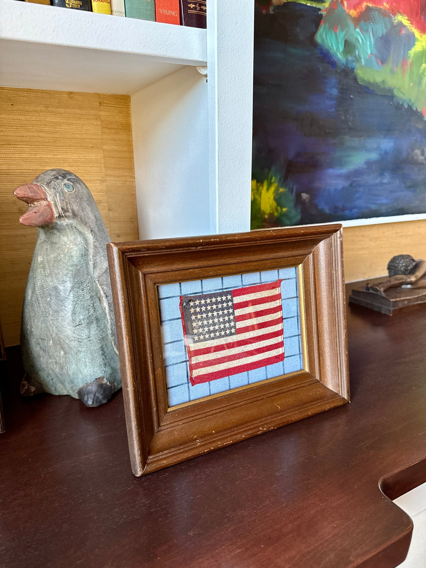 Old 48 Star American Parade Flag on Blue Windowpane Fabric in Deep Wood Frame