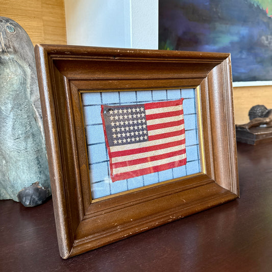 Old 48 Star American Parade Flag on Blue Windowpane Fabric in Deep Wood Frame