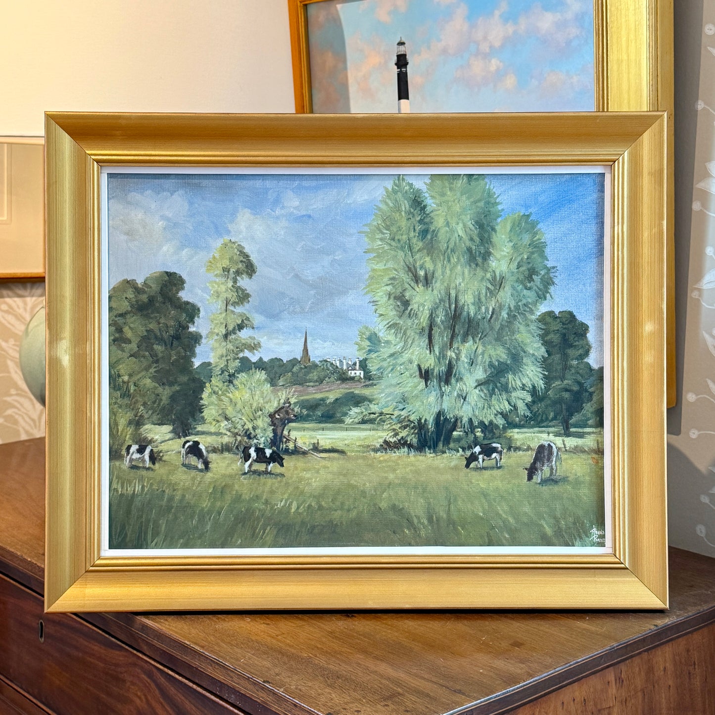 Ronald Pardue Country Landscape with Cows Oil Painting  in Gold Frame