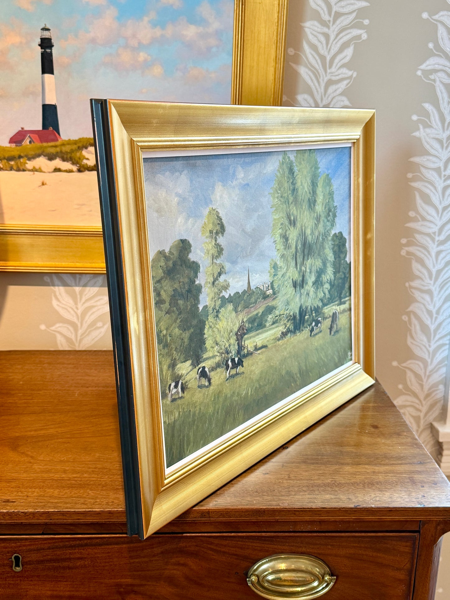 Ronald Pardue Country Landscape with Cows Oil Painting  in Gold Frame