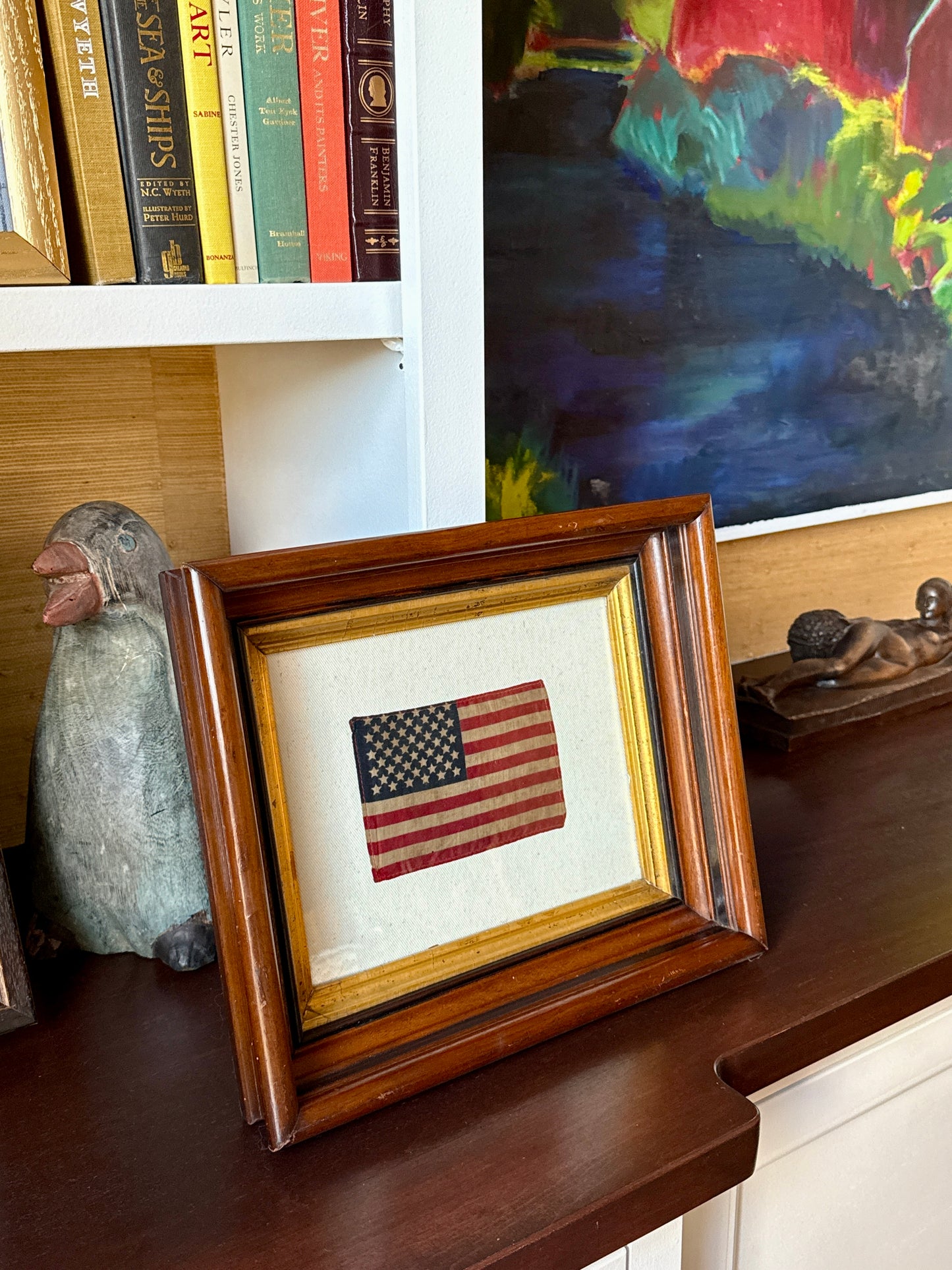 Old 48 Star American Parade Flag on Natural Ivory Twill in 19th Century Wood Frame