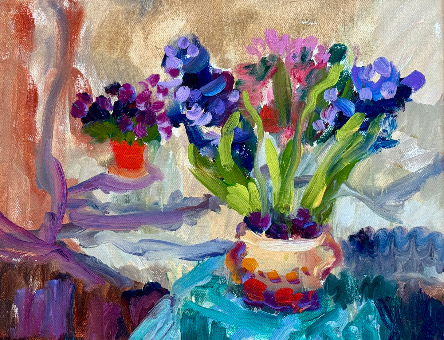 Anne-Lise Firth Hyacinth and Cyclamen Still Life Oil Painting in Gold Frame