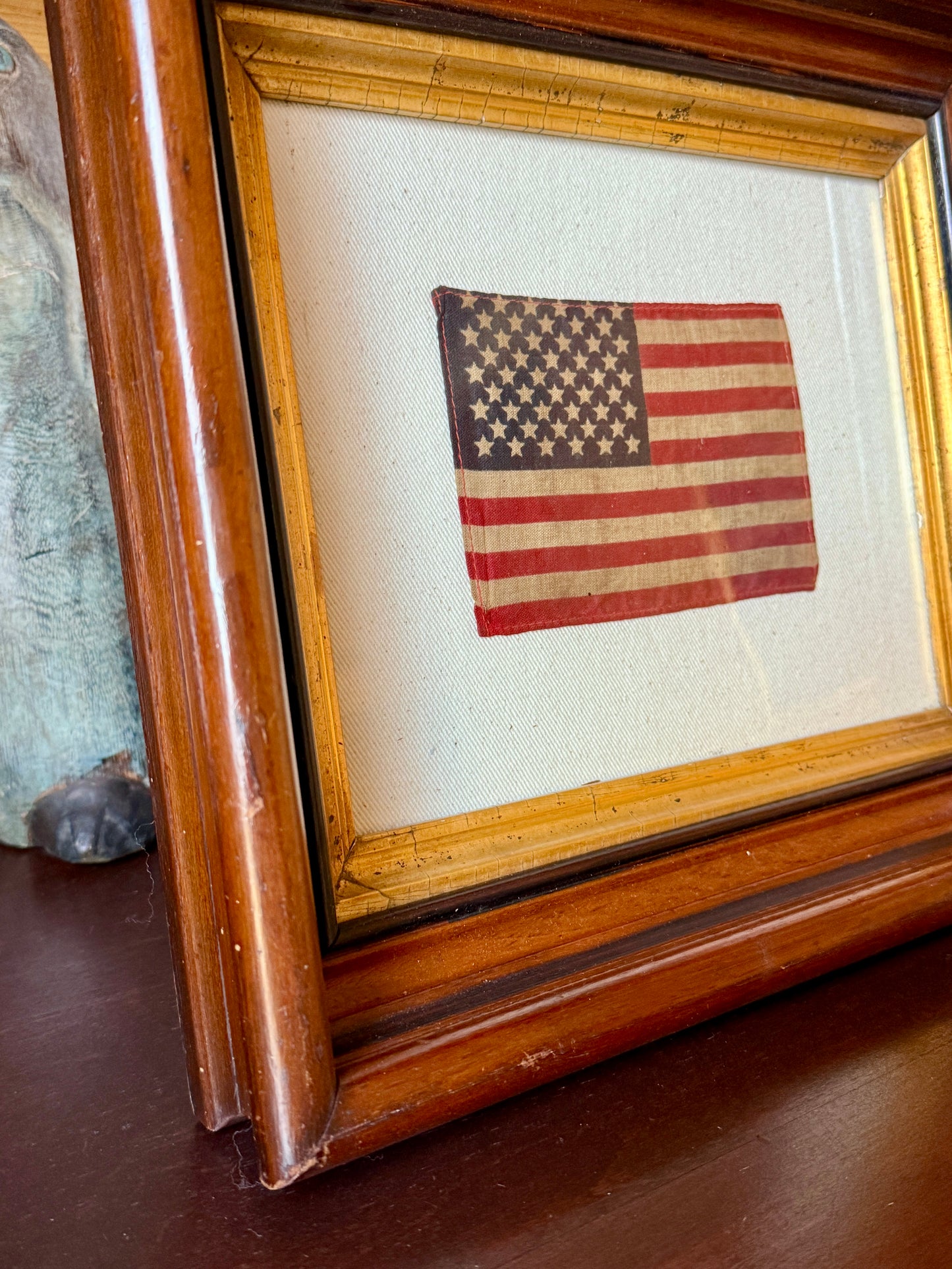 Old 48 Star American Parade Flag on Natural Ivory Twill in 19th Century Wood Frame