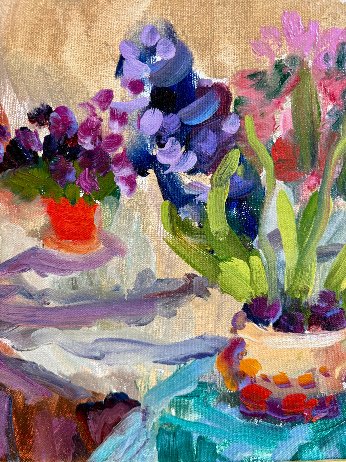 Anne-Lise Firth Hyacinth and Cyclamen Still Life Oil Painting in Gold Frame