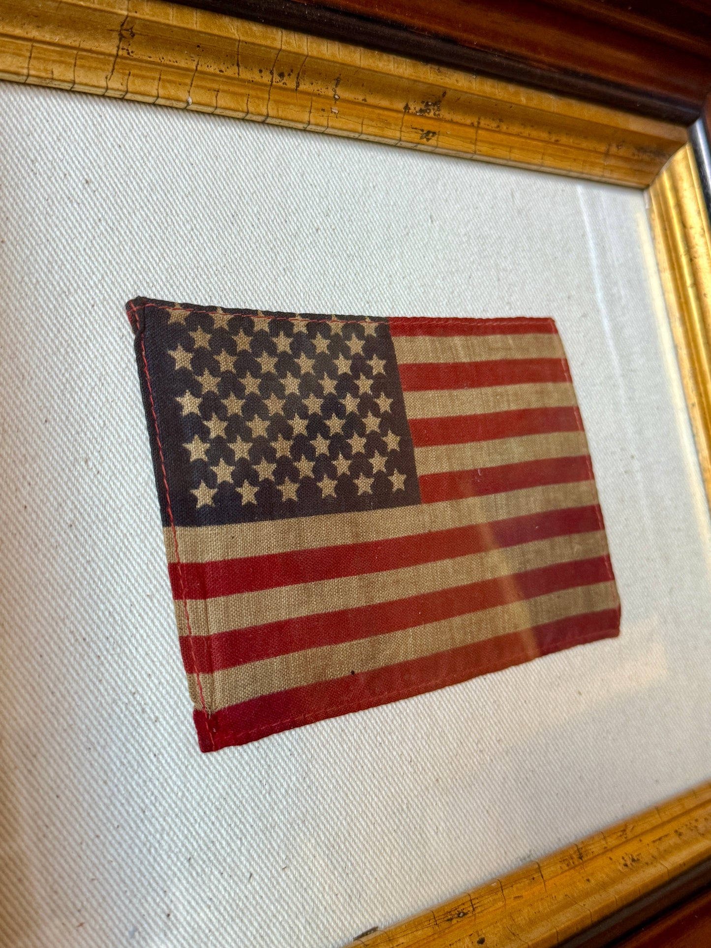 Old 48 Star American Parade Flag on Natural Ivory Twill in 19th Century Wood Frame