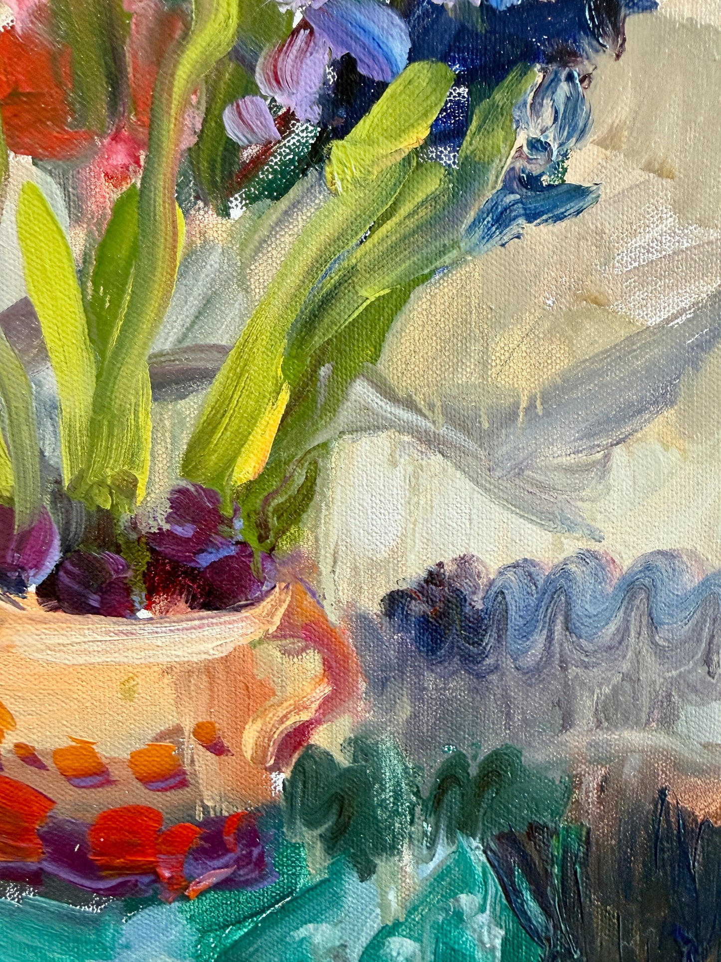 Anne-Lise Firth Hyacinth and Cyclamen Still Life Oil Painting in Gold Frame