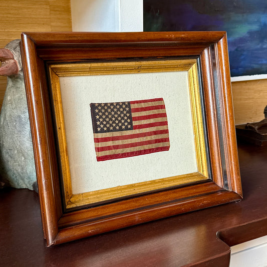 Old 48 Star American Parade Flag on Natural Ivory Twill in 19th Century Wood Frame