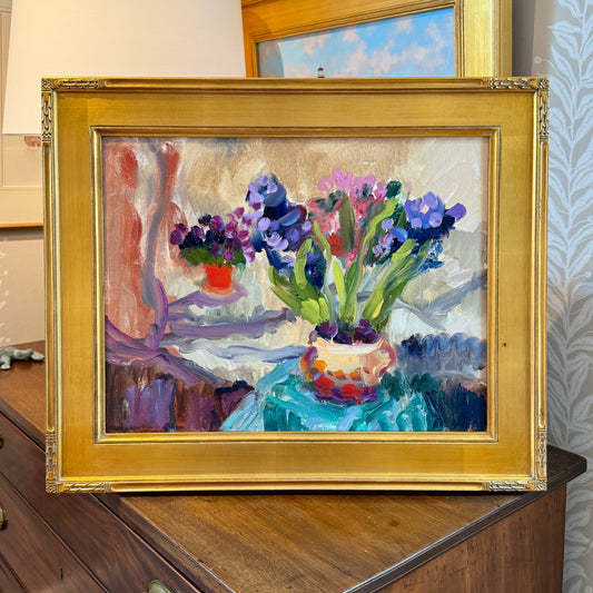 Anne-Lise Firth Hyacinth and Cyclamen Still Life Oil Painting in Gold Frame