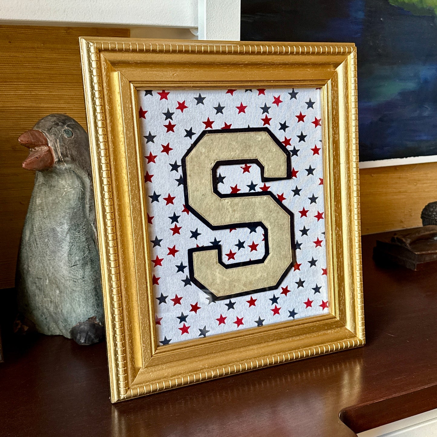Vintage Varsity Letter Initial S on Red White Blue Stars in Gold Frame