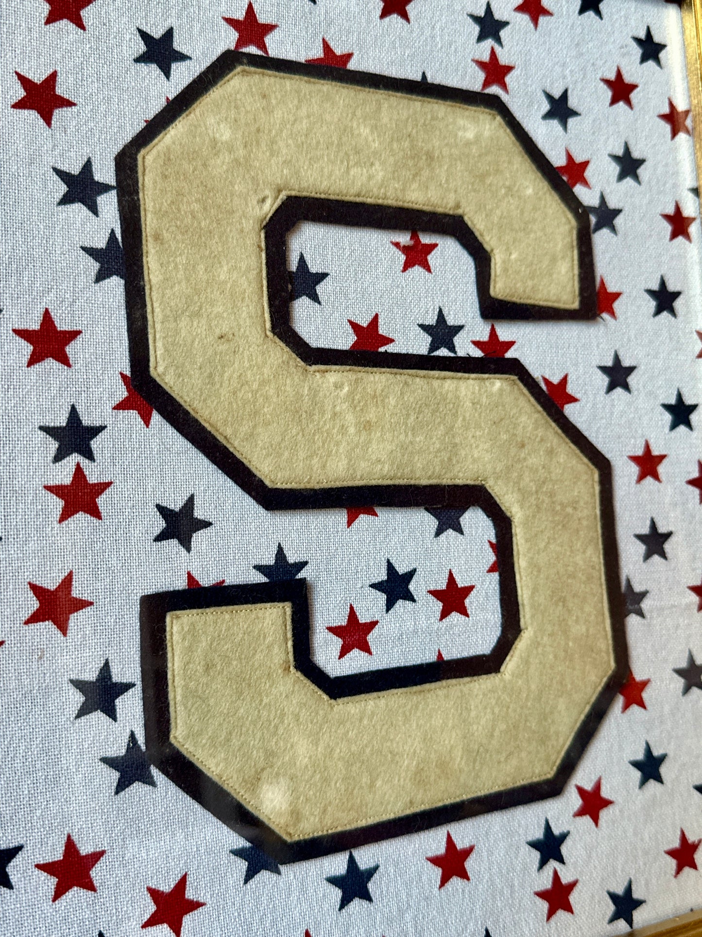 Vintage Varsity Letter Initial S on Red White Blue Stars in Gold Frame