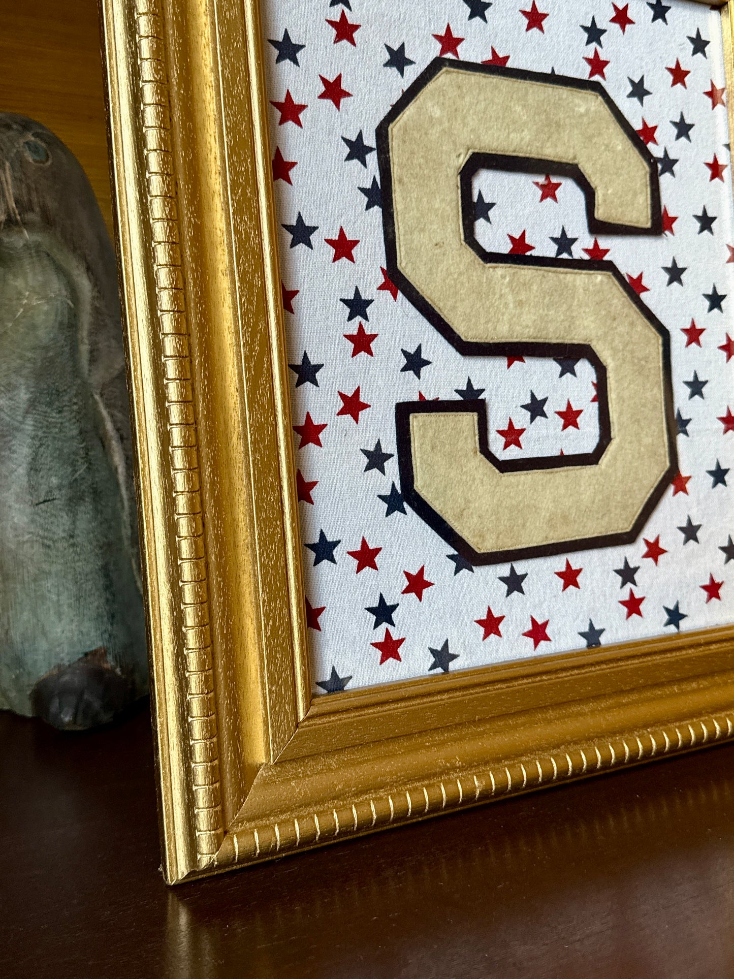 Vintage Varsity Letter Initial S on Red White Blue Stars in Gold Frame