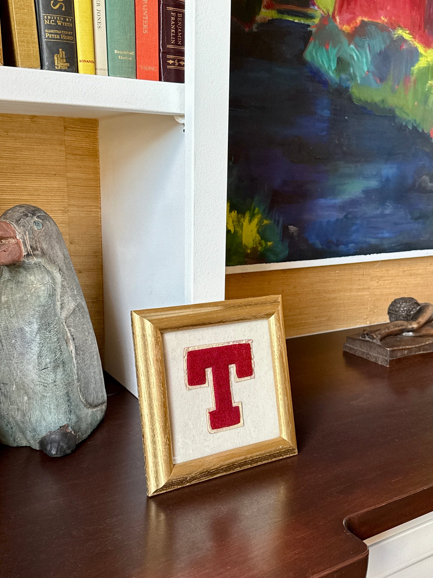 Vintage Red Varsity Letter Initial T on Ivory Twill in Gold Frame