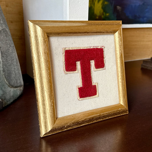 Vintage Red Varsity Letter Initial T on Ivory Twill in Gold Frame