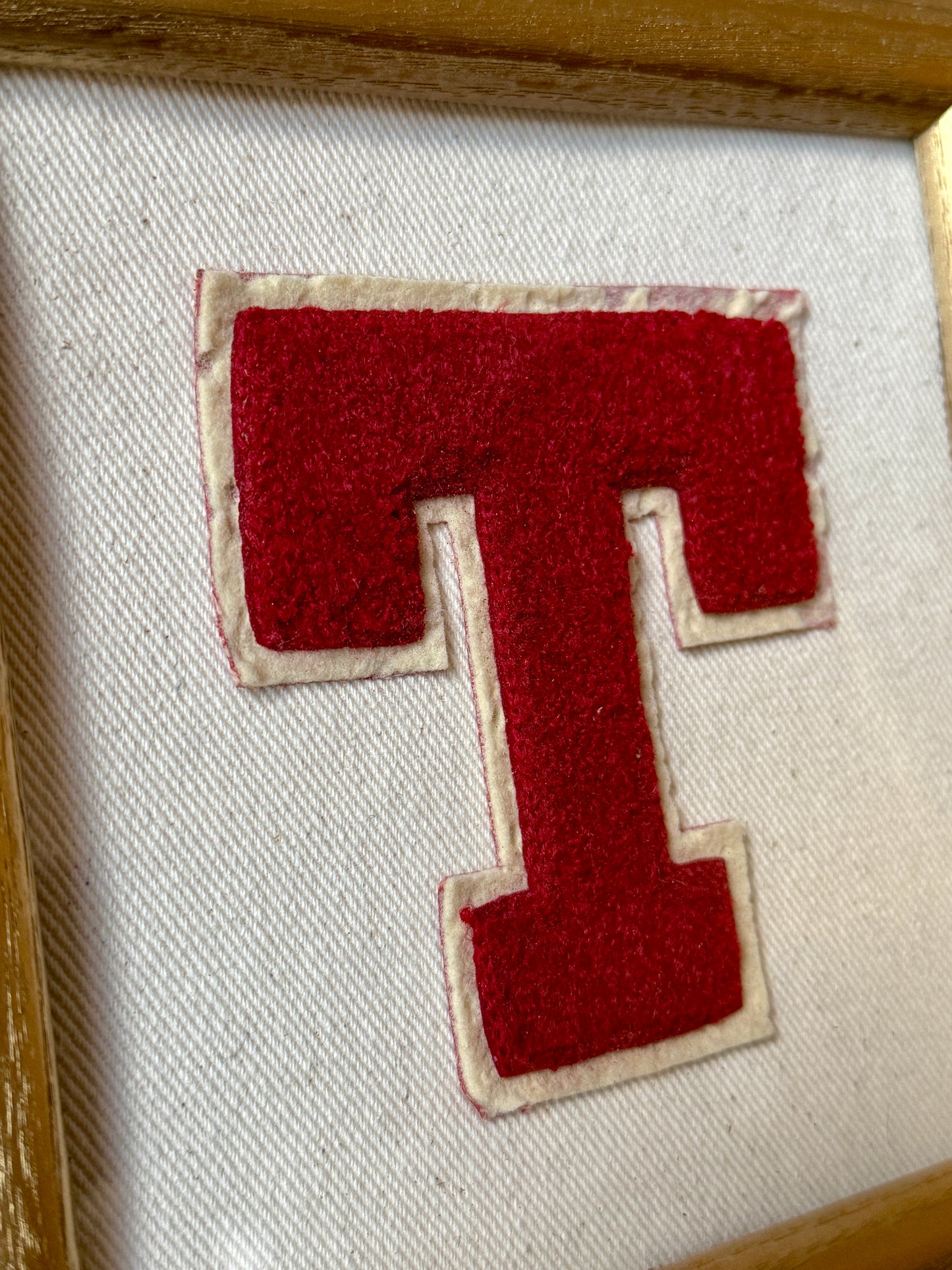 Vintage Red Varsity Letter Initial T on Ivory Twill in Gold Frame