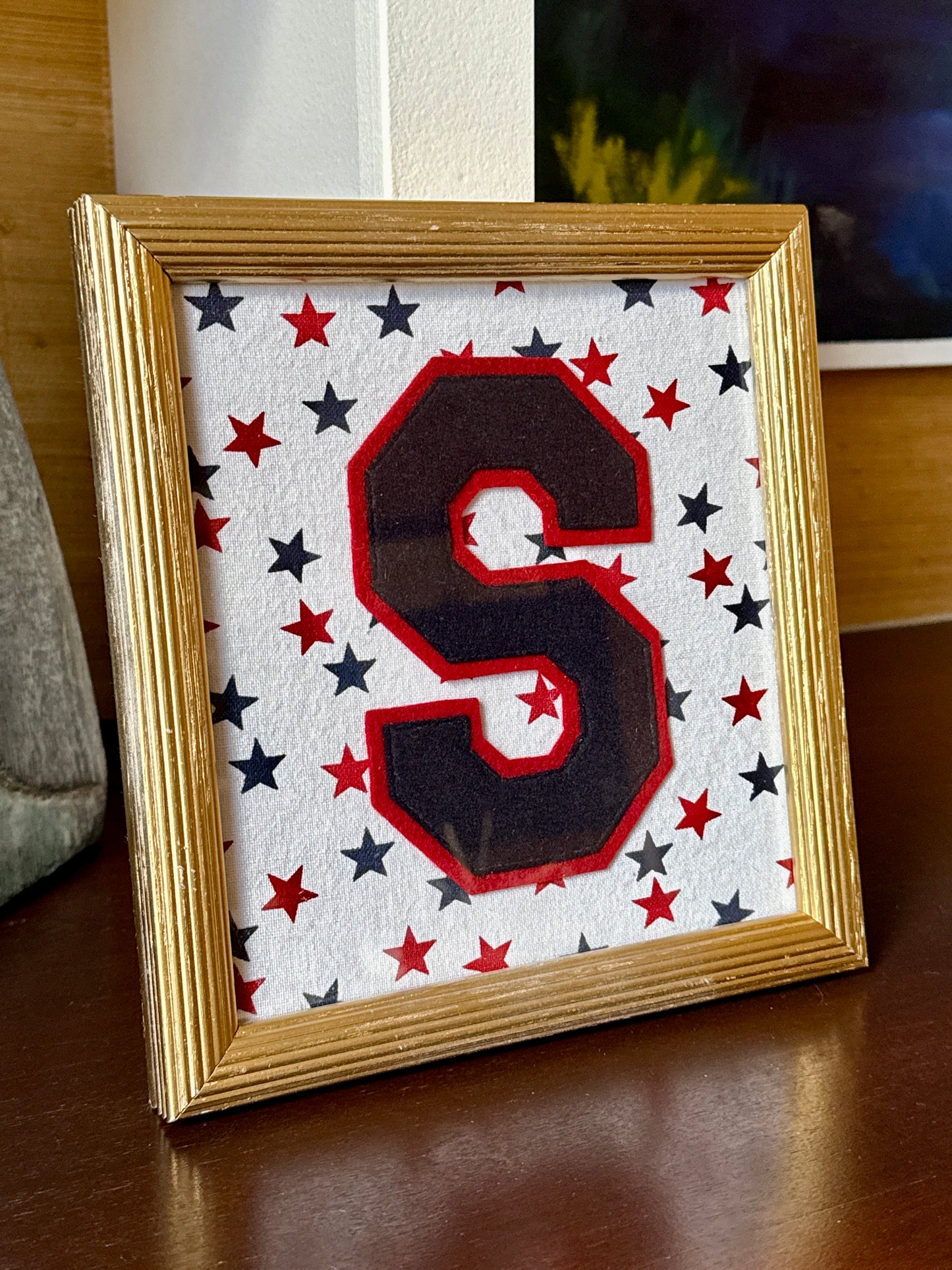 Vintage Varsity Letter Initial S on Red White Blue Stars in Gold Frame