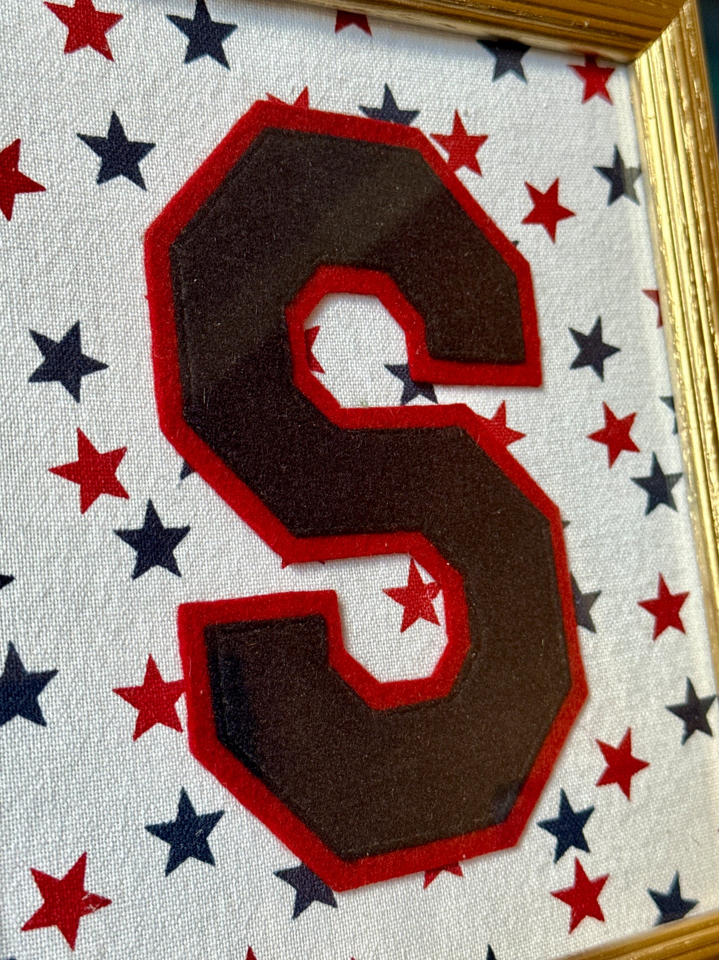 Vintage Varsity Letter Initial S on Red White Blue Stars in Gold Frame