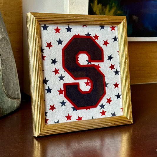 Vintage Varsity Letter Initial S on Red White Blue Stars in Gold Frame