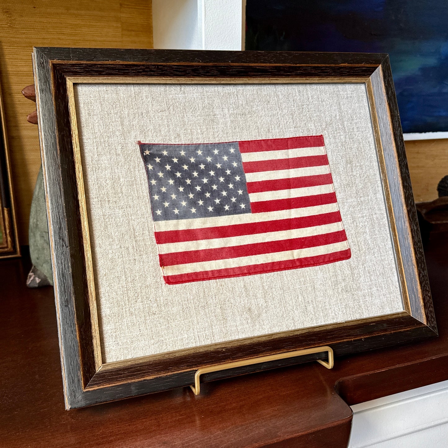 Vintage 50 Star American Parade Flag on Linen in Black Painted Wood Frame
