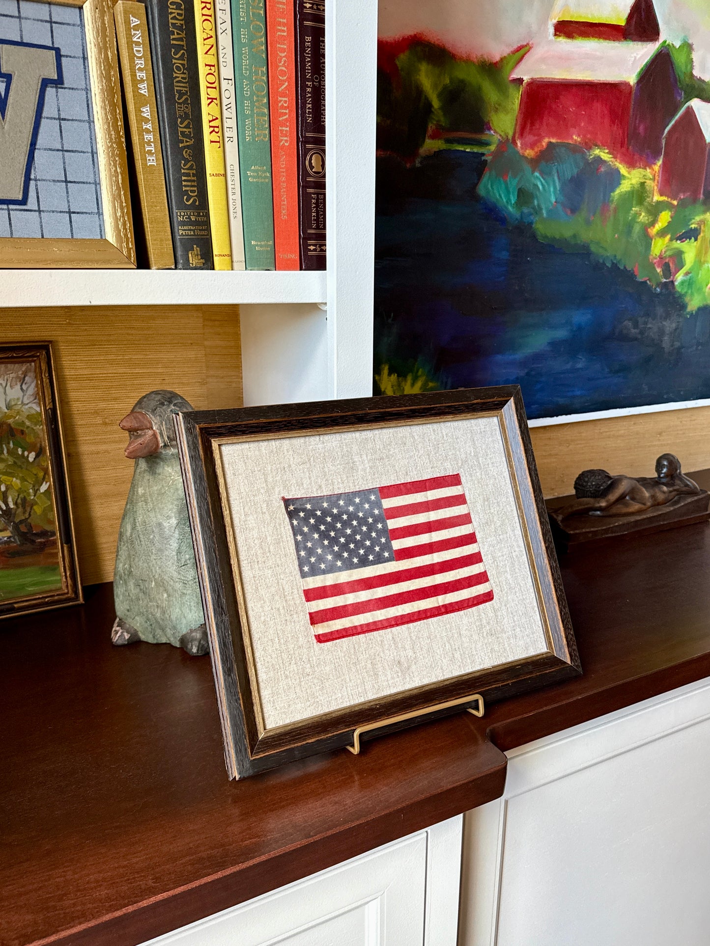 Vintage 50 Star American Parade Flag on Linen in Black Painted Wood Frame