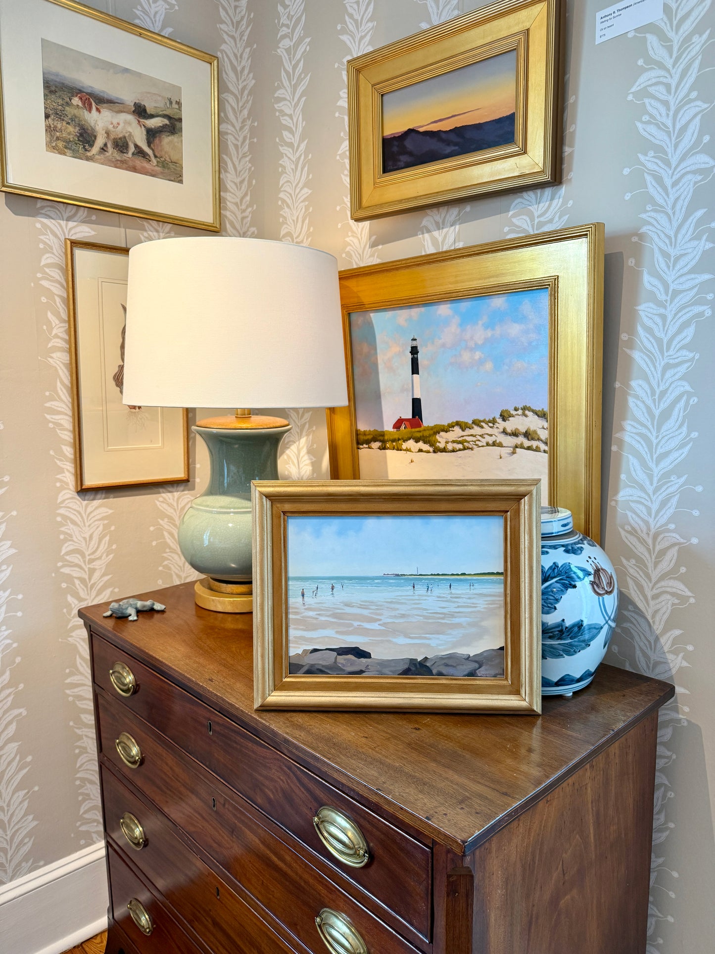 Anthony R. Thompson Figures on the Beach Coastal Landscape Cape May, NJ Oil Painting in Gold Frame