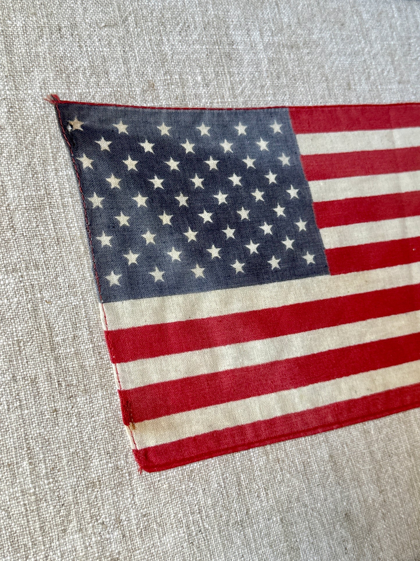 Vintage 50 Star American Parade Flag on Linen in Black Painted Wood Frame