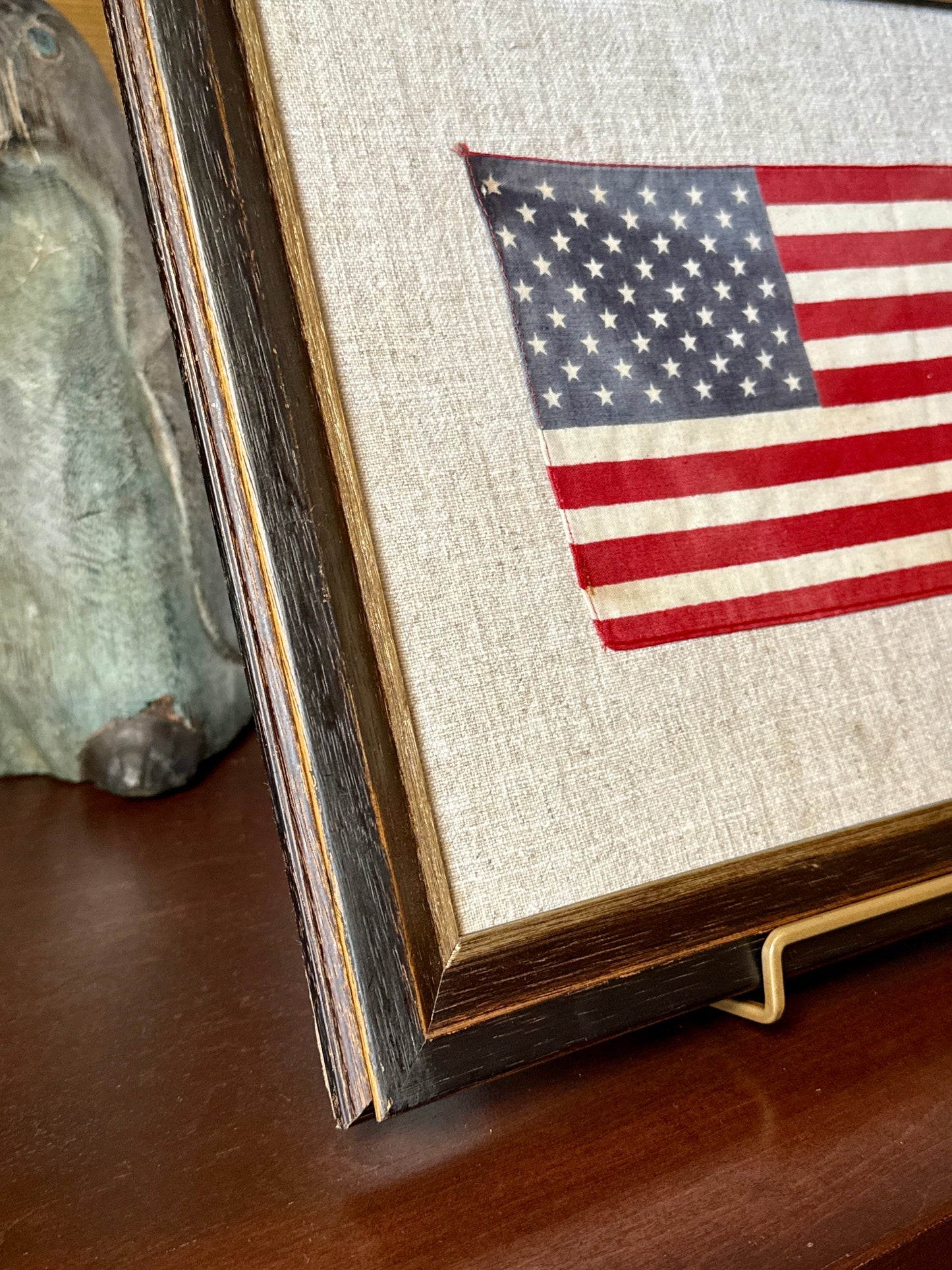 Vintage 50 Star American Parade Flag on Linen in Black Painted Wood Frame