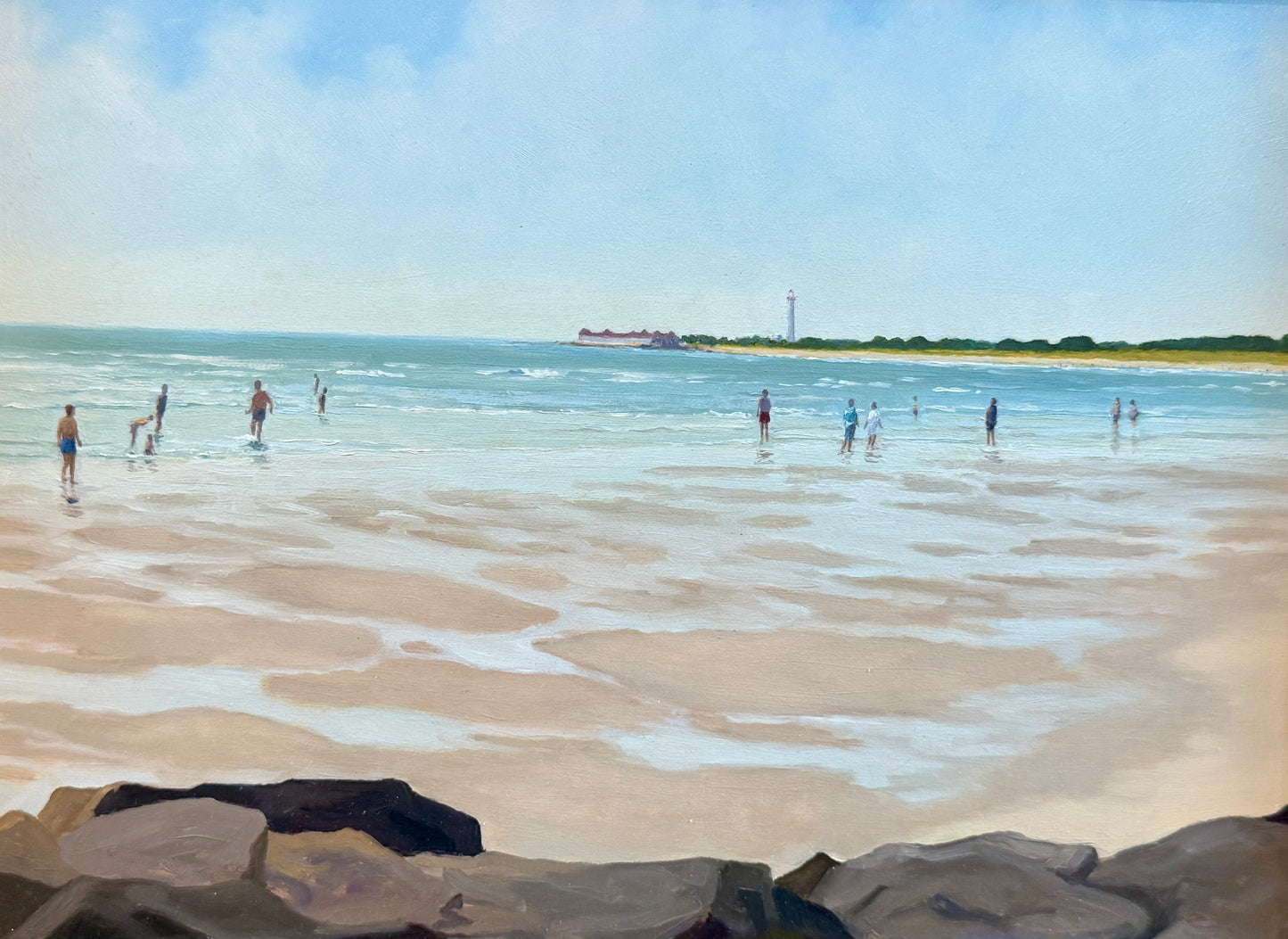 Anthony R. Thompson Figures on the Beach Coastal Landscape Cape May, NJ Oil Painting in Gold Frame
